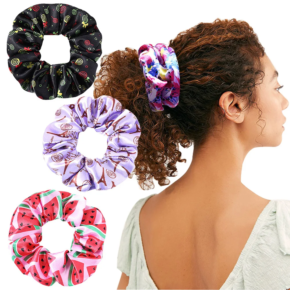 New Satin Printed Flower Floral Scrunchie Women Girls Elastic Hair Rubber Bands Accessories Tie Hair Ring Rope Holder Headdress