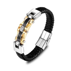 KALEN Biker Carbon Fiber Bracelet Men Stainless Steel Leather Bracelet 22cm Chunky Braided Leather Accessories