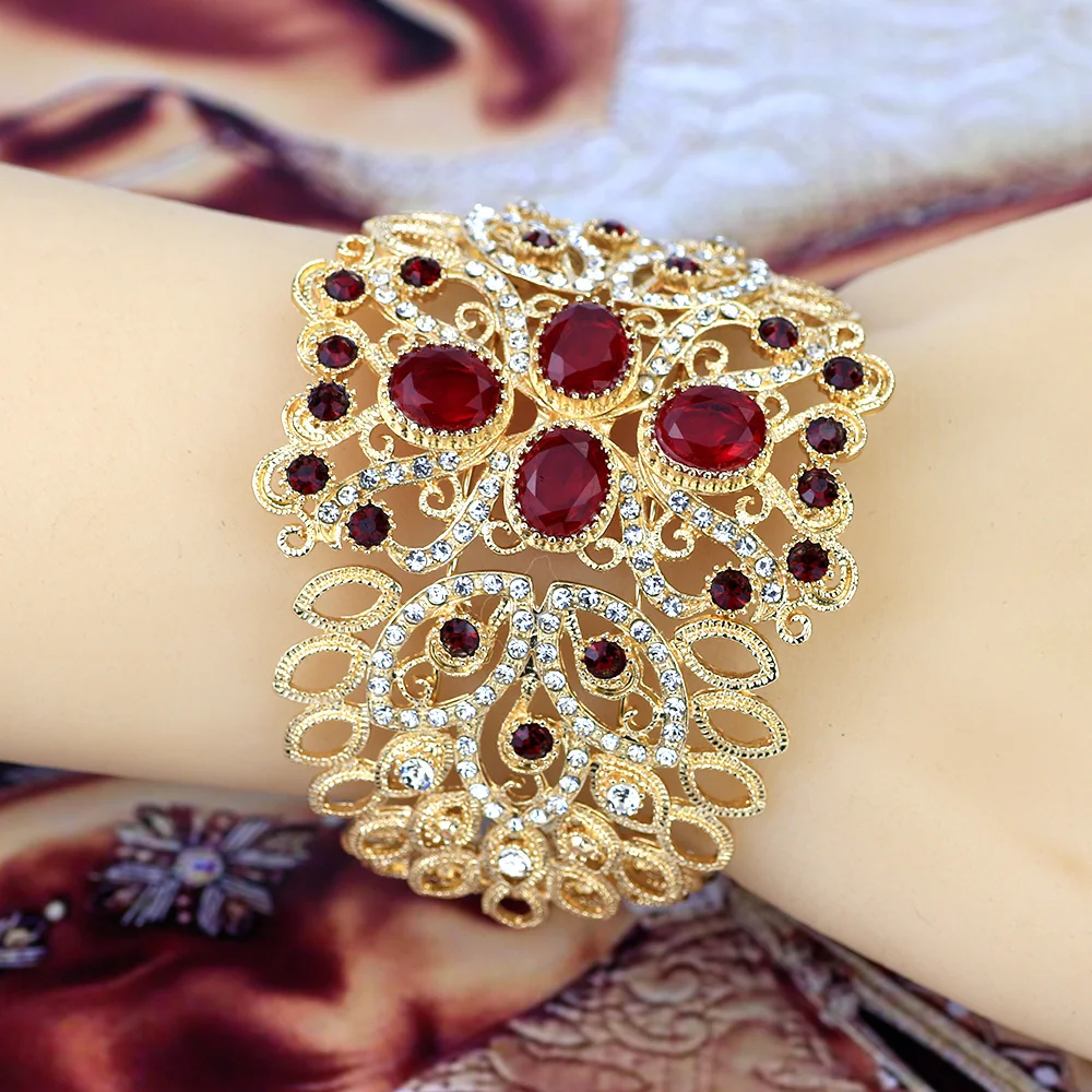 Sunspicems Morocco Hollow Big Bangle Arabic Rhinestone Cuff Bracelet 18k Gold Color Bangle Indian Ethnic Bride Wedding Jewelry