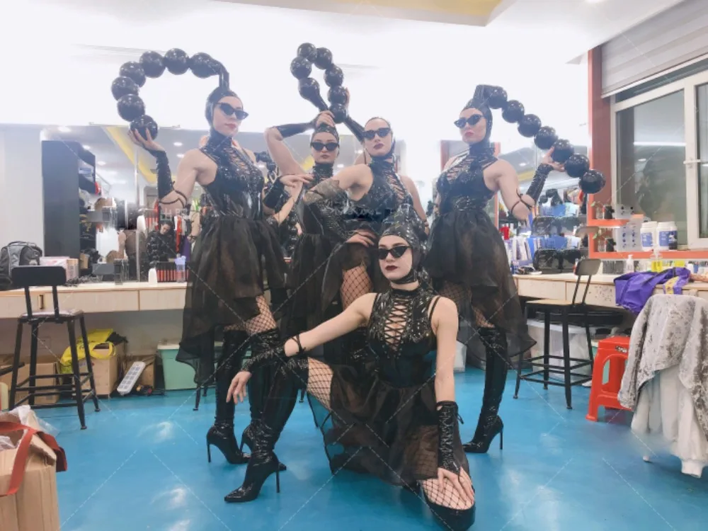 

Nightclub bar Ds black patent leather sexy hollow gogo costume stage performance cloth women dancer wears