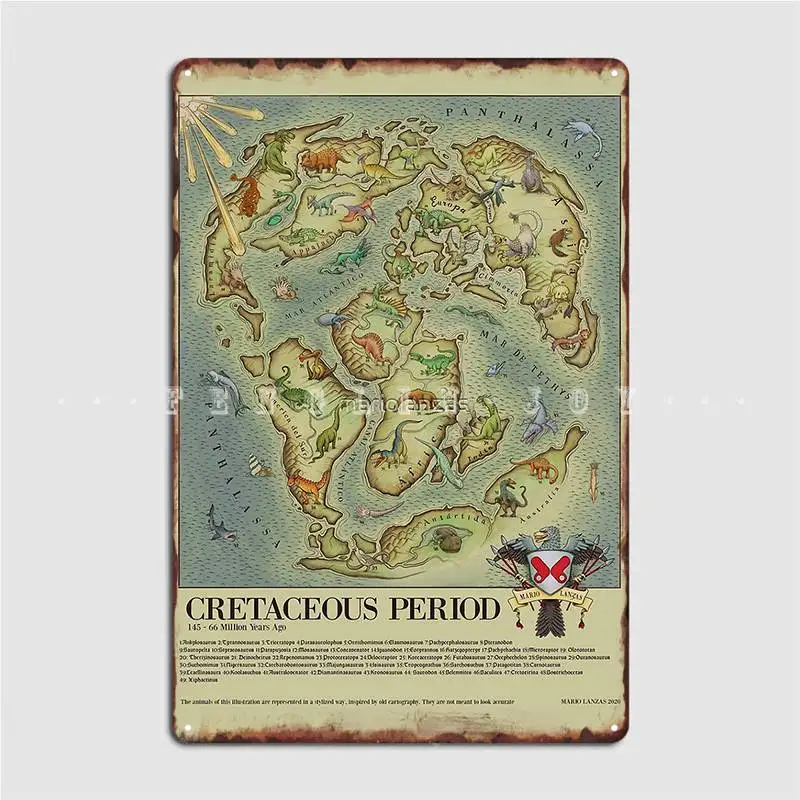 Cretaceous Period World Map Medieval Bestiary Style Metal Sign Cinema Kitchen Club Bar Classic Plaques Tin Sign Poster