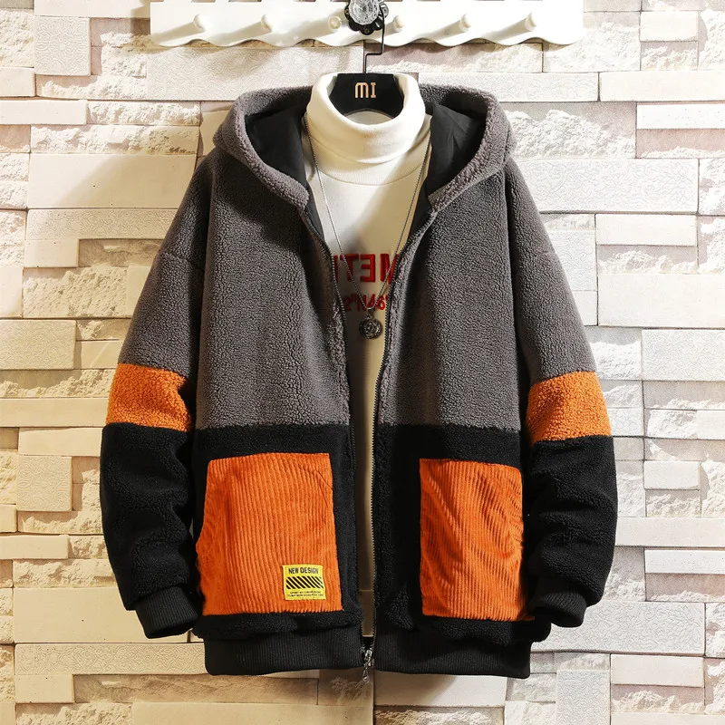 

Mens Hooded Jacket Men Nice Winter Fleece Windbreaker Patchwork Zipper Coat Japanese Streetwear Harajuku Grey Jackets