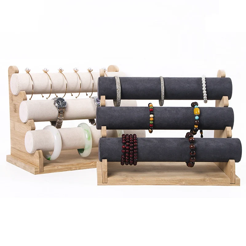High Quality Bamboo Three-layers Bracelet Watch Stand Bracelet Watch Necklace Head Rope Storage Rack Hair Ring Jewelry Displays