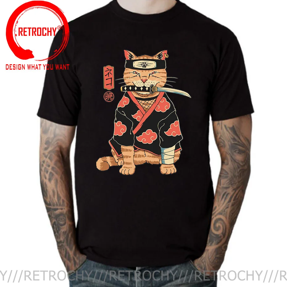 Japanese Cartoon Ninja Cat Knife Print T Shirt men 2022 New Anime Samurai Ukiyoe Cat Cartoon T-Shirt Harajuku Streetwear Tshirt