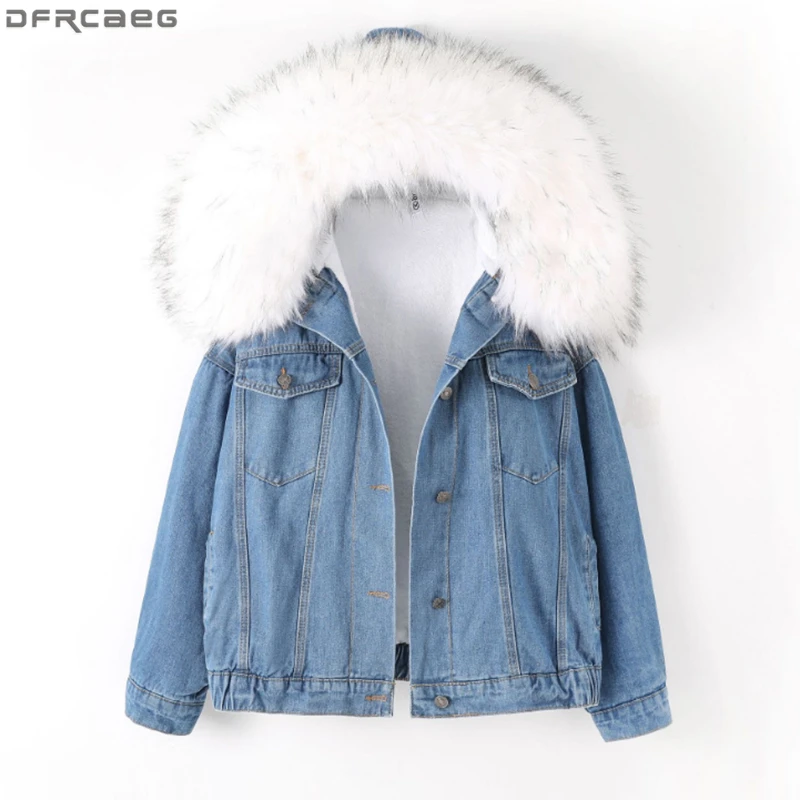 

Casual Winter Denim Jacket Women Warm Thicken Fur Collar Jeans Coats Loose Oversized Outerwear Bat Sleeve Bomber Jackets Femme