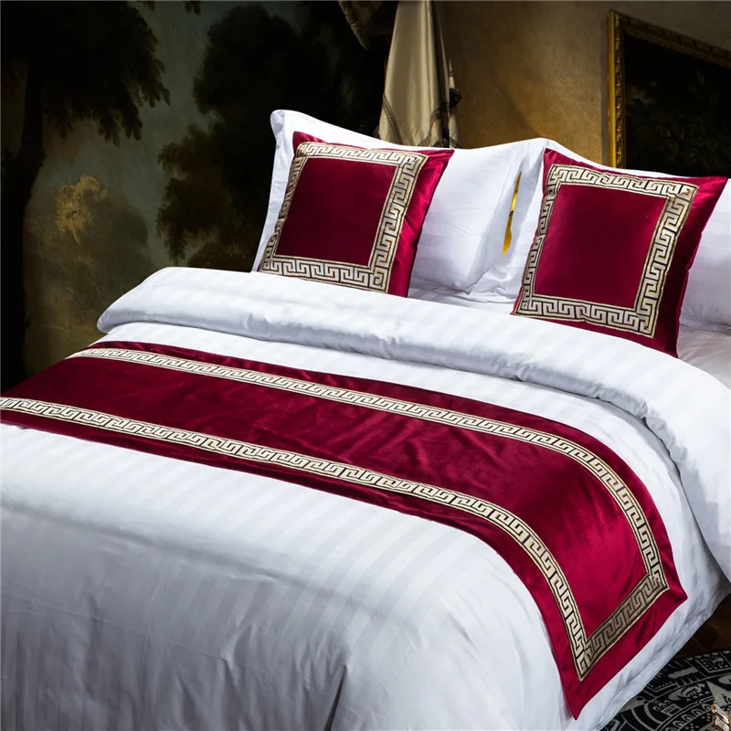 High-grade Pure Color Embroidery Bed Runners New Chinese Style Velvet Throw Runners Golden Red Bed Flag Covers Pillowcases