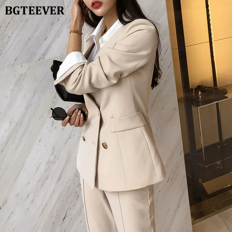 BGTEEVER Elegant Women Blazer Suit Autumn Office Ladies Pant Suits V-neck Belted Blazer & Suit Pants 2020 Work Wear Female Sets