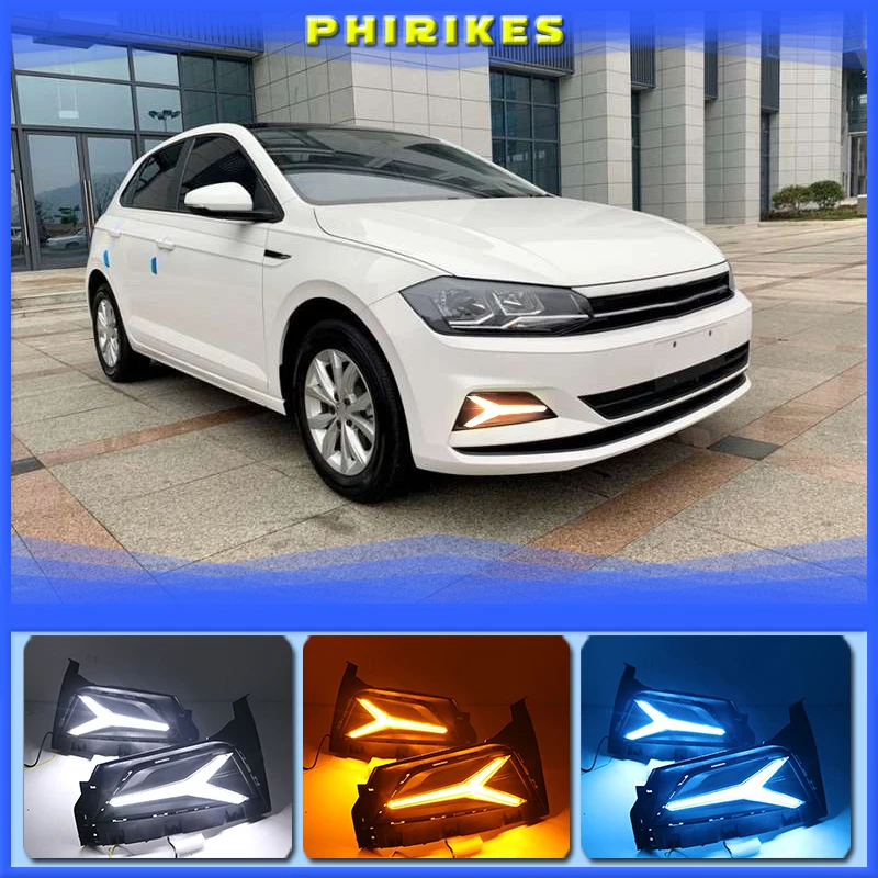 

2PCS LED Daytime Running Light For For Volkswagen Polo 2018 2019 Dynamic Yellow Turn Signal 12V DRL Fog Lamp Decoration