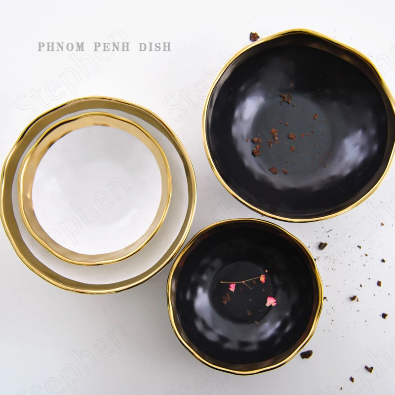 Black Gold Ceramic Plates and Bowls Nordic Modern Golden Stroke Steak Steak Dishes Tableware Afternoon Tea Cake Dessert Plate