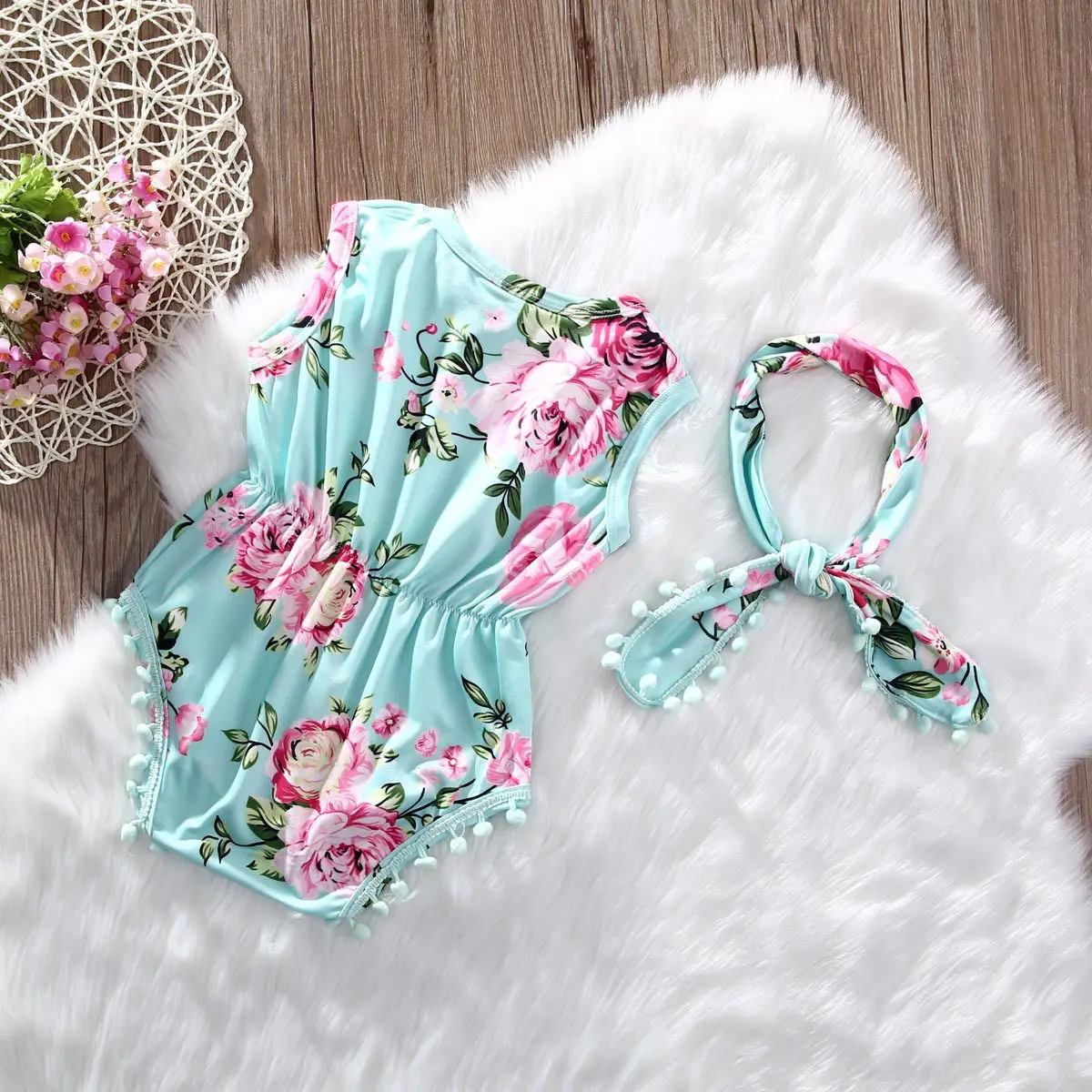 Baby Girl Bodysuit Sleeveless Floral Tassels Summer Clothes Newborn Infant Baby Girl Bodysuit Jumpsuit One Piece Sunsuit