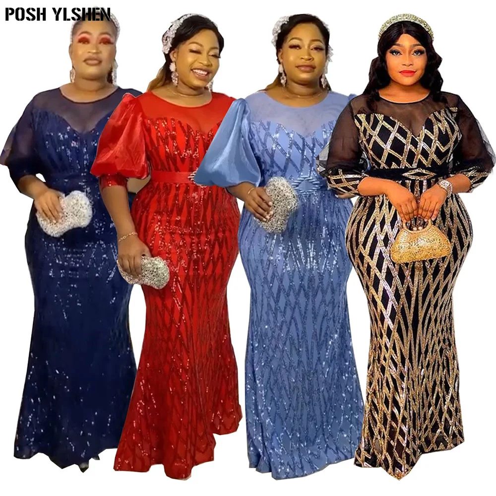 Plus Size Robe Femme Hiver African Dresses for Women 2022 Natale Dashiki Mesh Sleeve Sexy Christmas Party Sequin Bodycon Dress