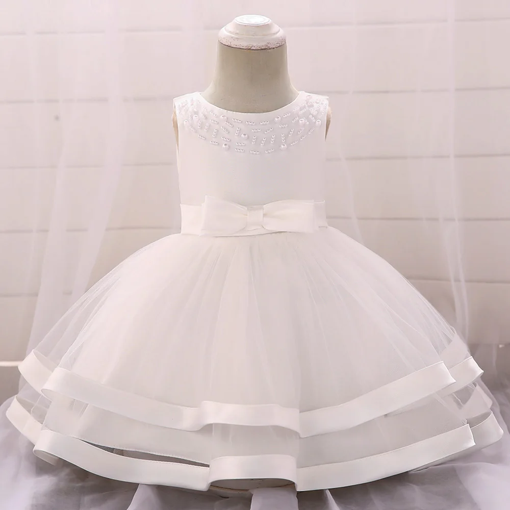 Kleinkind Perlen Taufe Prinzessin Kleid für Baby Mädchen Tüll Weiß Hochzeit 1. Geburtstag Schleife Party Kleider Taufe Kinder Kleidung