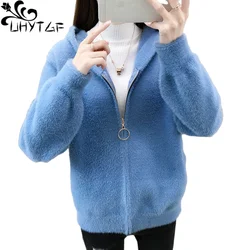 UHYTGF Imitation Mink Short Sweaters Jacket Women Hooded Casual Knit Autumn Winter Coat Cardigan Female Loose Big Size Top 1923