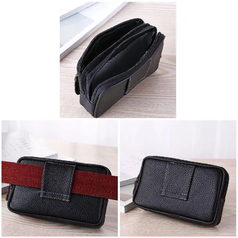 New Man Multi-function Mini Waist Bag PU Leather Double Layer Zipper Phone Card Bag Fashion Travel Belt Bags Fanny Pack