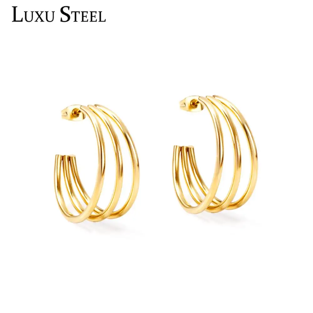 LUXUSTEEL inoxidable Multilayer Tube Hoop Earrings New Golden silvery Female Stud Earring Fashion Jewelry Wedding