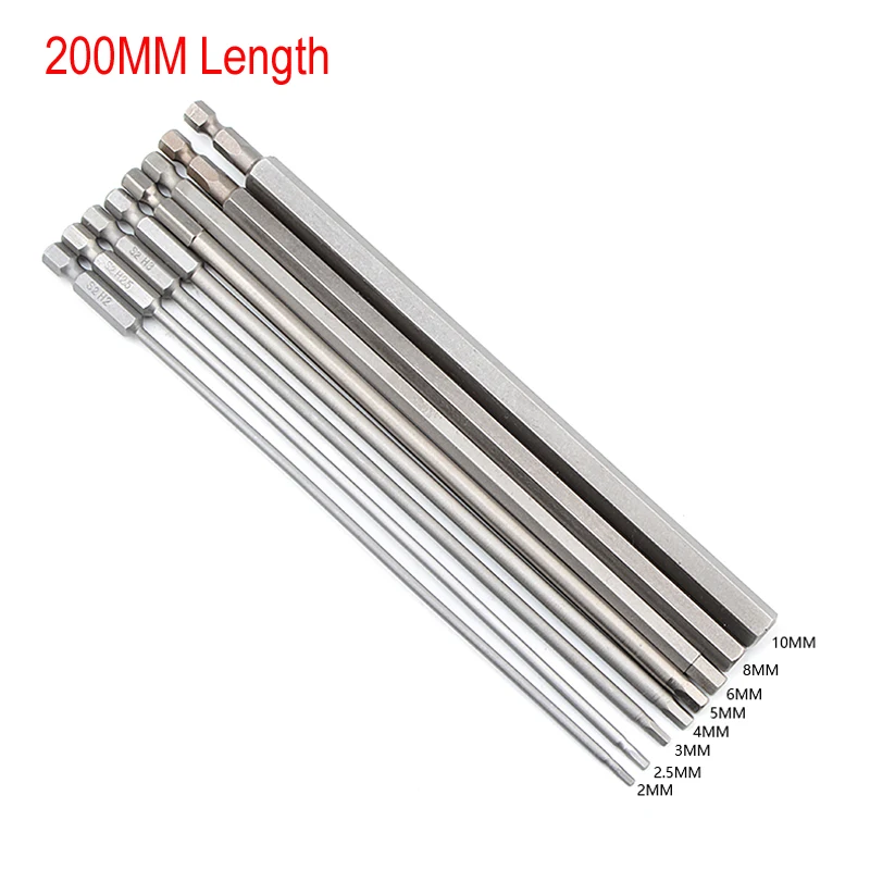 200mm Long S2 Electric Screwdriver Hexagon Bit Set Hard Hex Head 1/4' Hex Shank Magnetic Screwdriver Bit Hand Tools 2mm to 10mm