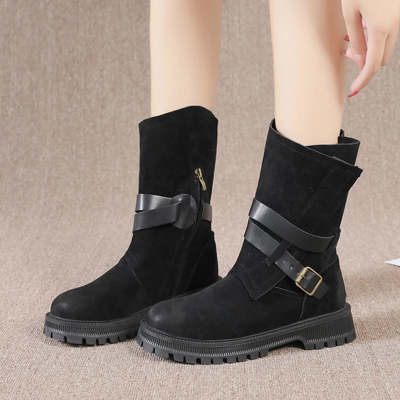 

New Autumn Winter Platform Casual Shoes Women's Boots Metal Decoration Buckle Brown Mid-tube Snow Boots Non-slip Boots