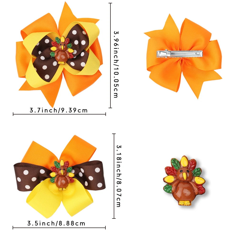 CN 3.5'' Thanksgiving Hair Bow for Girls Lovely Turkey Hair Bow Hairpin Ribbon Bowknot Hair Clips Hair Accessories lacos