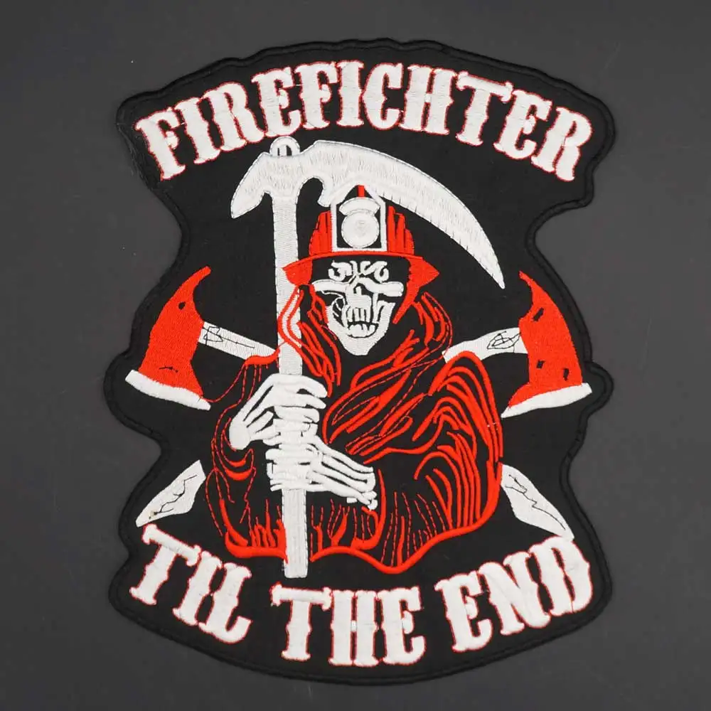 Large FIREFICHTER TIL THE END Iron On Embroidery Patch Badge  for Biker Leather Jacket Back