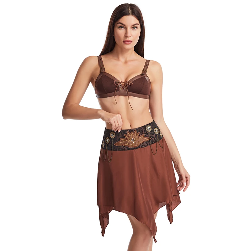 Brown Front Lace Up Sexy Bra And Beaded Chains Low Waist Asymmetrical Vintage Skirt Women Gothic Clothing Steampunk Bralette Set