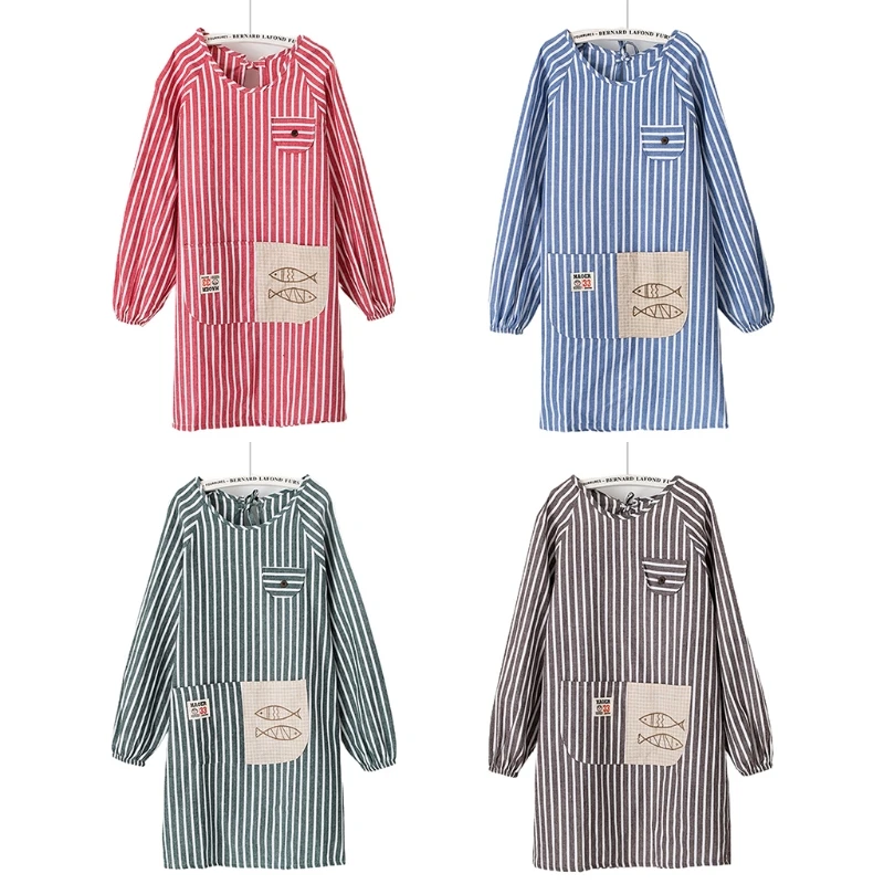 Long-Sleeved Kitchen Stripe Aprons with Pockets For Women Cooking Baking BBQ and Gardening Cleaning Work Creating Art