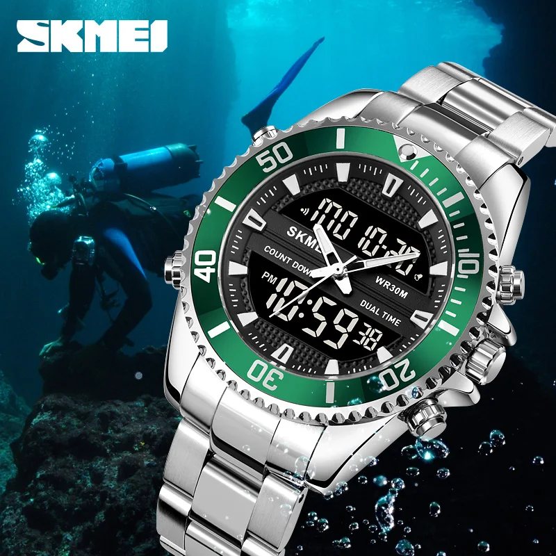 SKEMI New 3 Time Dual Movement Watch Men 30M Waterproof Swimming EL Light Digital Quartz Multifunction Watch Relogio Masculino