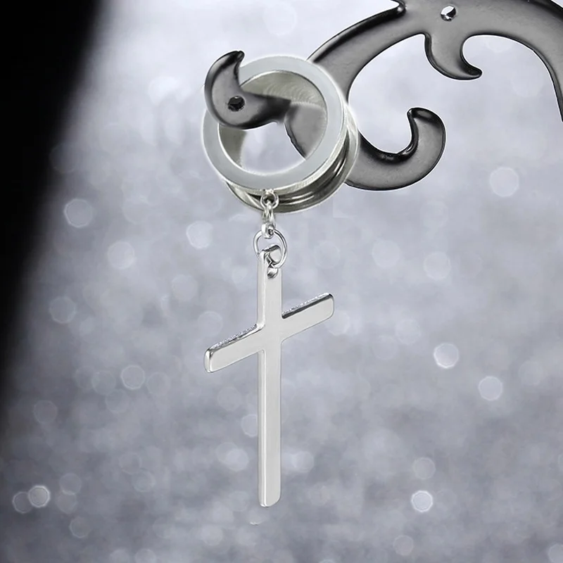 2Pcs Ear Piercing Dangle Cross Ear Plugs and Tunnels Stainless Steel Oreja Dilatacions Ear Expander 4m-25mm Punk Body Jewelry