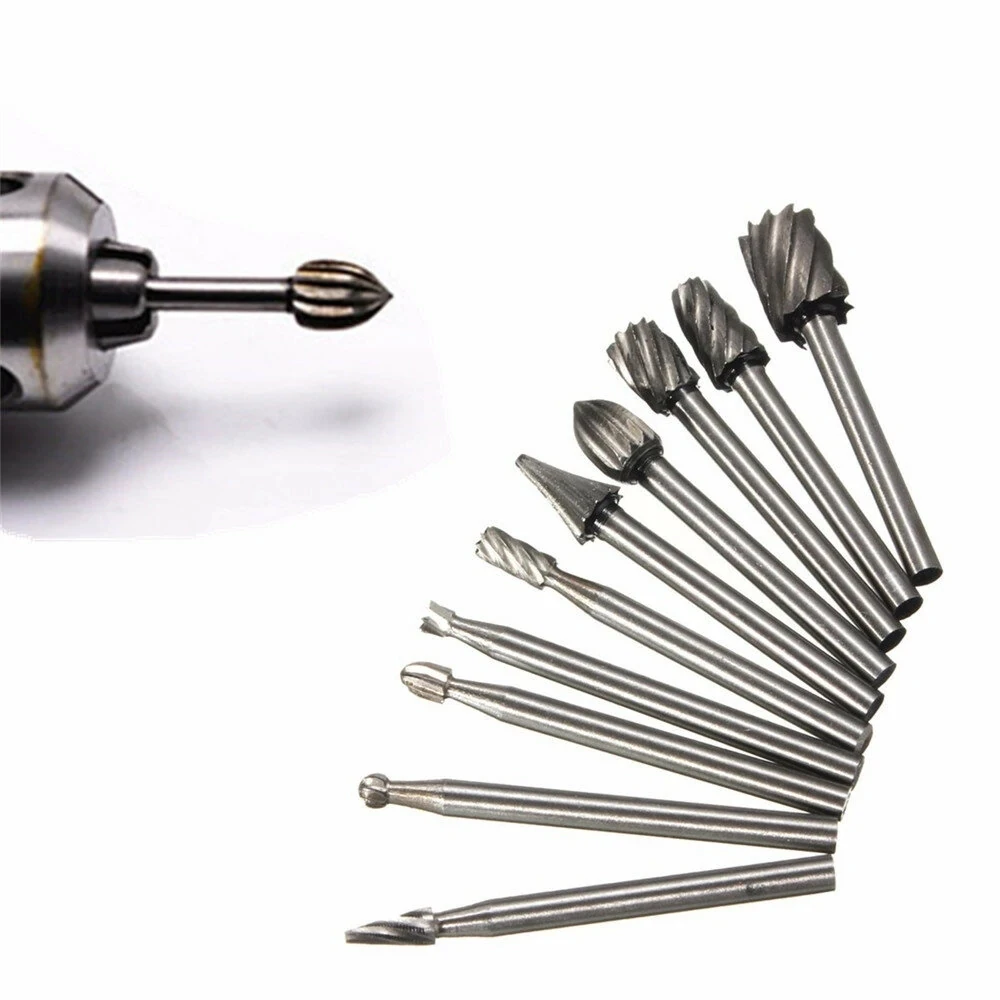 10Pcs 3mm HSS Routing Router Drill Bits Set for Dremel Carbide Rotary Burrs Tools Wood Stone Metal Root Carving Milling Cutter