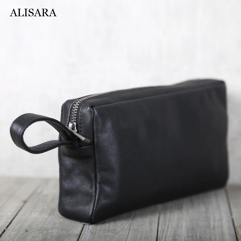 Alisara Clutch Bag Male First Layer Cow Leather Top End Mini Hand Bags Men Casual Cell Phone Wallet Big Capacity Organizer Purse