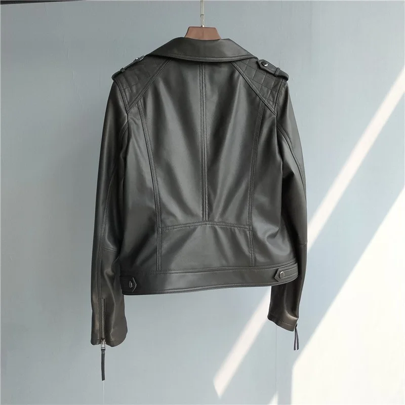 Quality Top Women Genuine Leather Motorcycle Biker Jackets Fashion Slim Black Luxury Sheepskin Leather Casual Outerwear Coats