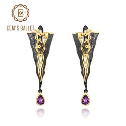 GEM'S BALLET 925 Sterling Silver Handmade Golden Bead Honey Raindrop Triangle Natural Amethyst womanโs statement Earrings Jewelr
