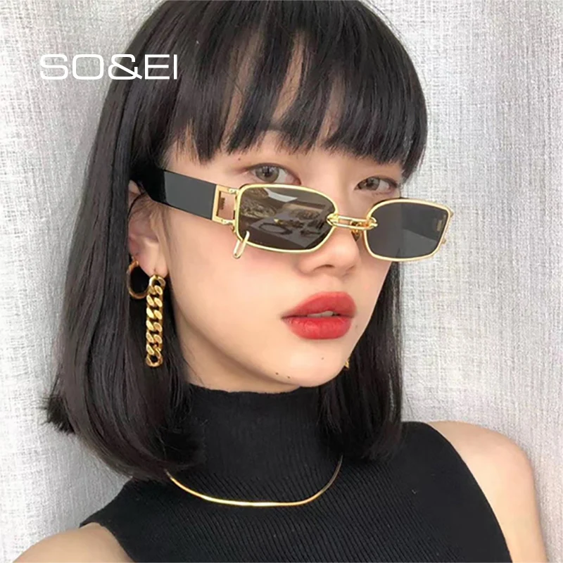 SO&EI Fashion Small Rectangle Punk Sunglasses Women Brand Designer Vintage Metal Ring Decoration Men Sun Glasses Shades UV400