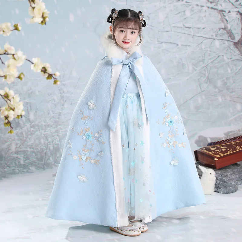 Hanfu-女の子のためのフード付きキルティングケープ,厚い刺繍の冬の衣服,中国の古代のケープ,子供のための大晦日の服