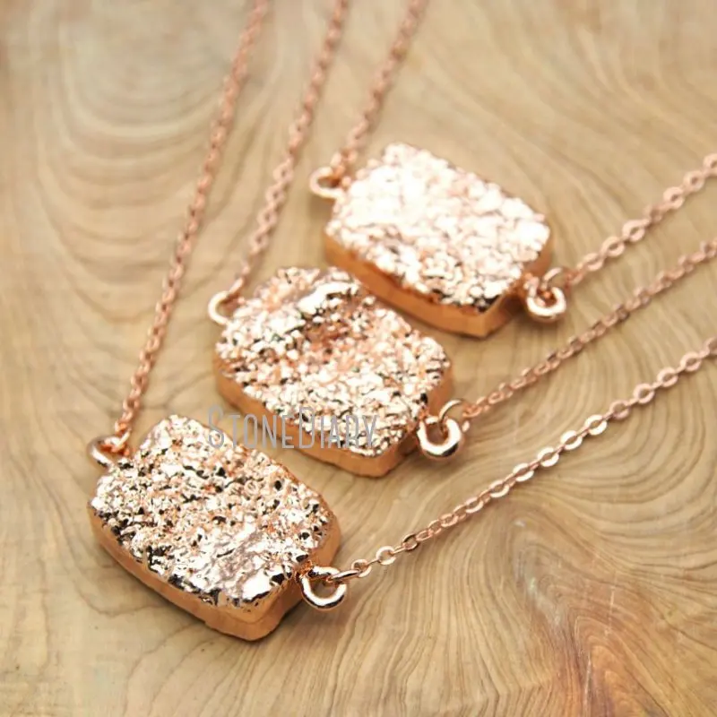 

NM15759 10Pcs Best Seller Rose Gold Color Oblong Shape Natural Druzy Crystal Chain Necklaces For Women 18inch