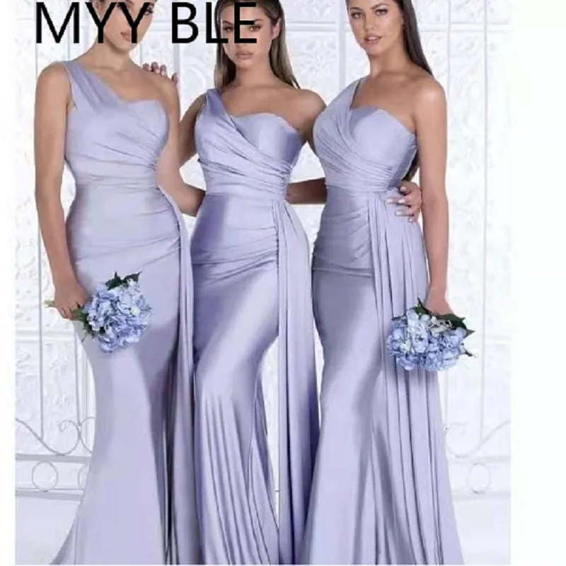 Vestidos de dama de honor de un hombro de licra, vestido de dama de honor de sirena de satén con cordones, vestidos de novia para fiesta de boda 2021