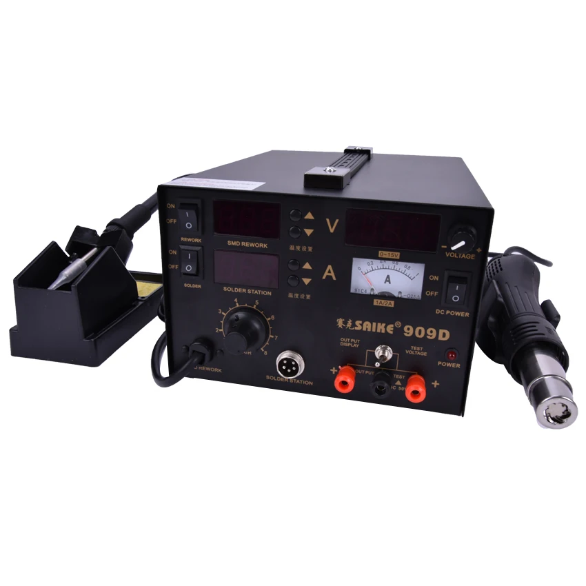 110V Saike 909D 3 in 1 Heat Air Gun Solder Iron Soldering Station+Power Supply