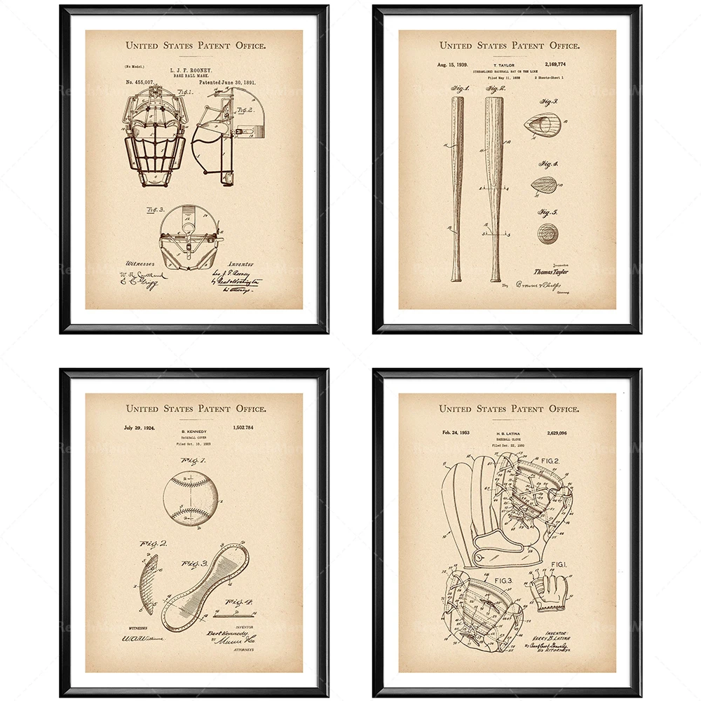 Retro baseball patent art print, baseball poster patent, cover patent glove patent mask patent sports decoration