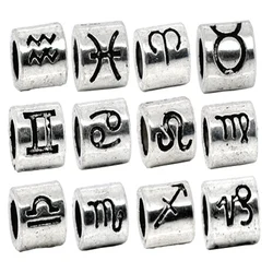 36 PCs Doreen Box Mixed Zodiac Spacer Beads Znic Alloy Silver Color Fit Charm Bracelet Jewelry 7.5x7.5mm, Hole: 4.5mm