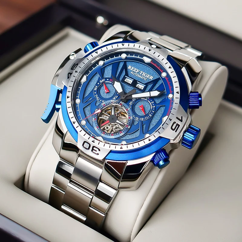 Reef Tiger/RT Men Sport Mechanical Watch Complicated Blue Dial With Year Month Week Calendar Steel Bracelet Watches