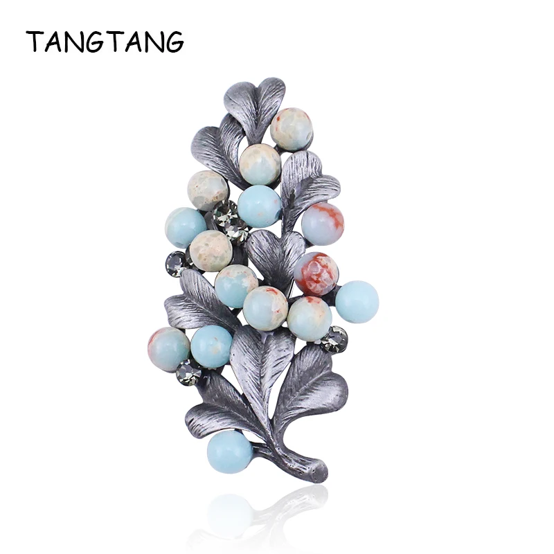 TANGTANG Women Men Brooch Vintage Tin Alloy Brooch Pin Nature Stones Beads Retro Antique Black Tone Tree Brooch - Mother\'s Gift