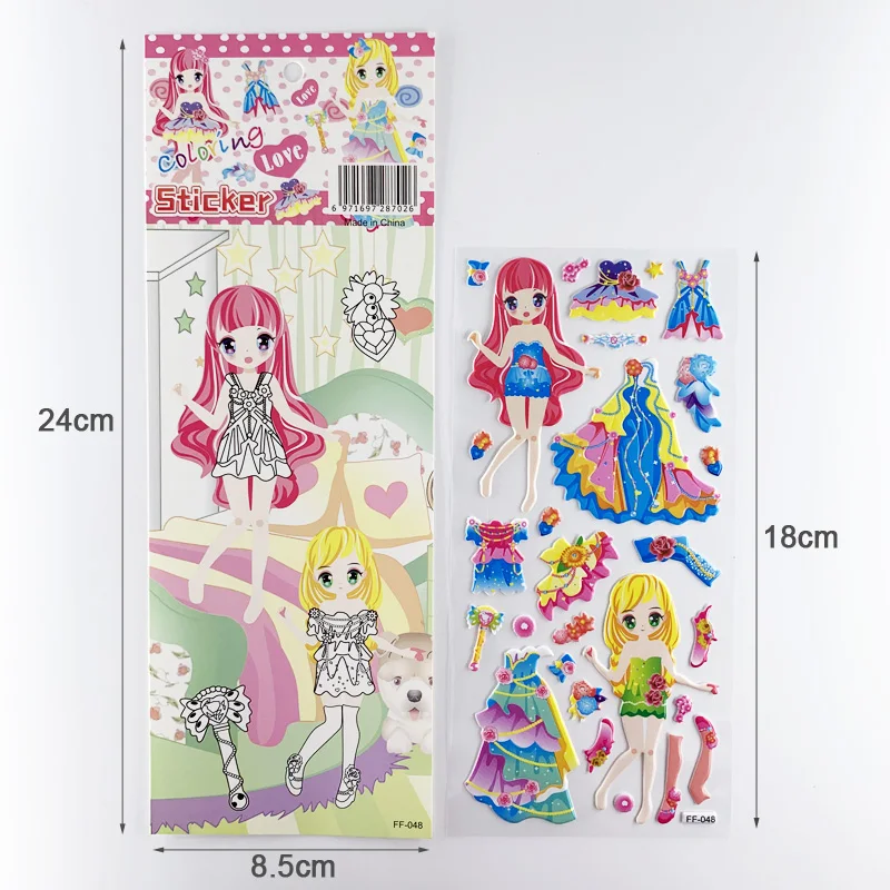 4 Sheets/Set Dress Up Girl Pattern Cartoon Stickers Kids Notebook 3D Puffy Bubble Sticker Label for Girls Gift