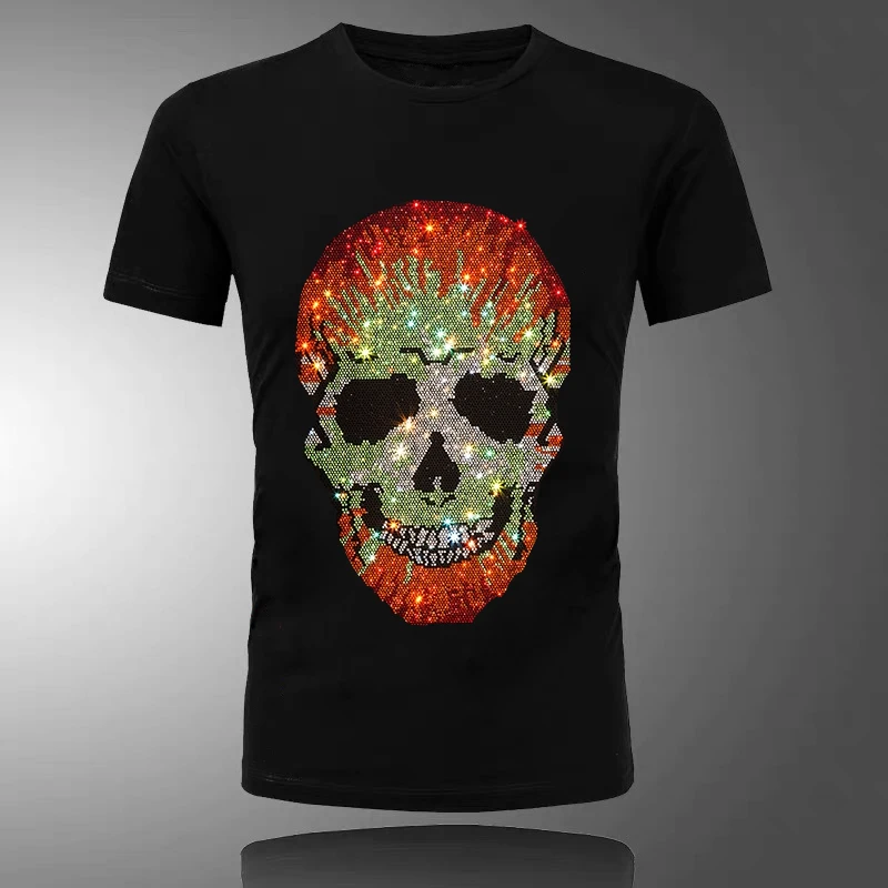 Men\'s Summer T-Shirt Shiny Gradient Skull Oversized Spring Short Sleeve Luxury Rhinestone Tops 2021 Designer Modal Cotton