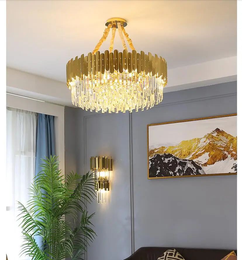 Stainless Steel Crystal Pendant Lamp D40cm D60cm Copper Color Crystal Chandelier Fixtures Lustre LED Light Lamparas Pendant Lamp