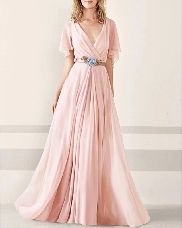 robe de soriee Pink Plunging Neck Short Sleeve Formal Evening Dress Sweep Train Chiffon Prom Party Gowns vestidos de feast