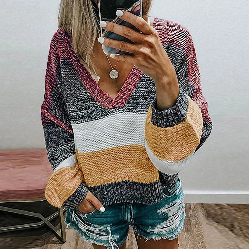 

Women Knitted Sweater Women Autumn Winter Casual V-neck Color Stitching Striped Knitwear Sweater Long Sleeve Loose Pullover Tops