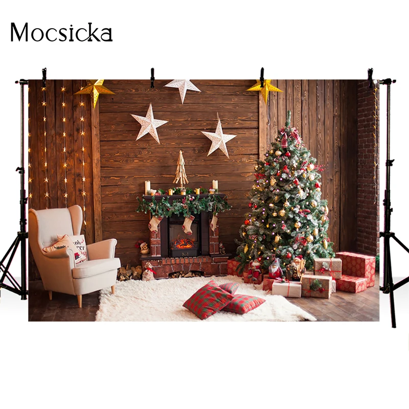 Mocsicka Christmas Photography Background Fireplace Pillowcase Christmas Tree Decoration Props Family Party Photo BackdropStudio