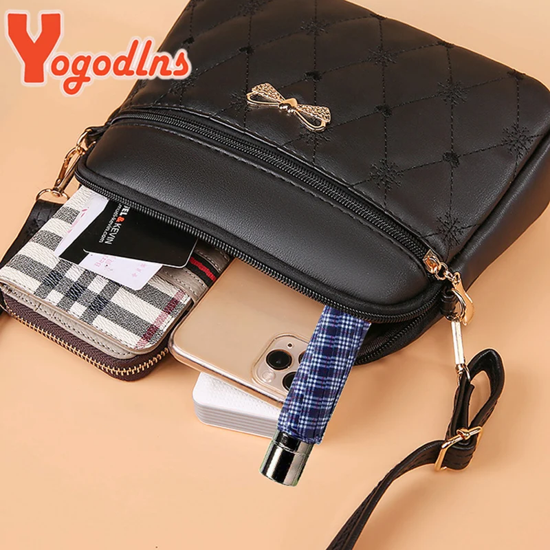 Yogodlns Fashion Bow Shoulder Bag For Women PU Leather Crossbody Bag Heart Embroidery Messenger Bag Multifunction Handbag Pouch