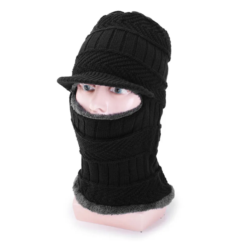 Winter Outdoor Beanie Visor Earflaps For Men Fleece Hat Scarf Set Warm Thick Knit Soft Lined Stripe Skull Ski Ca p With Brim