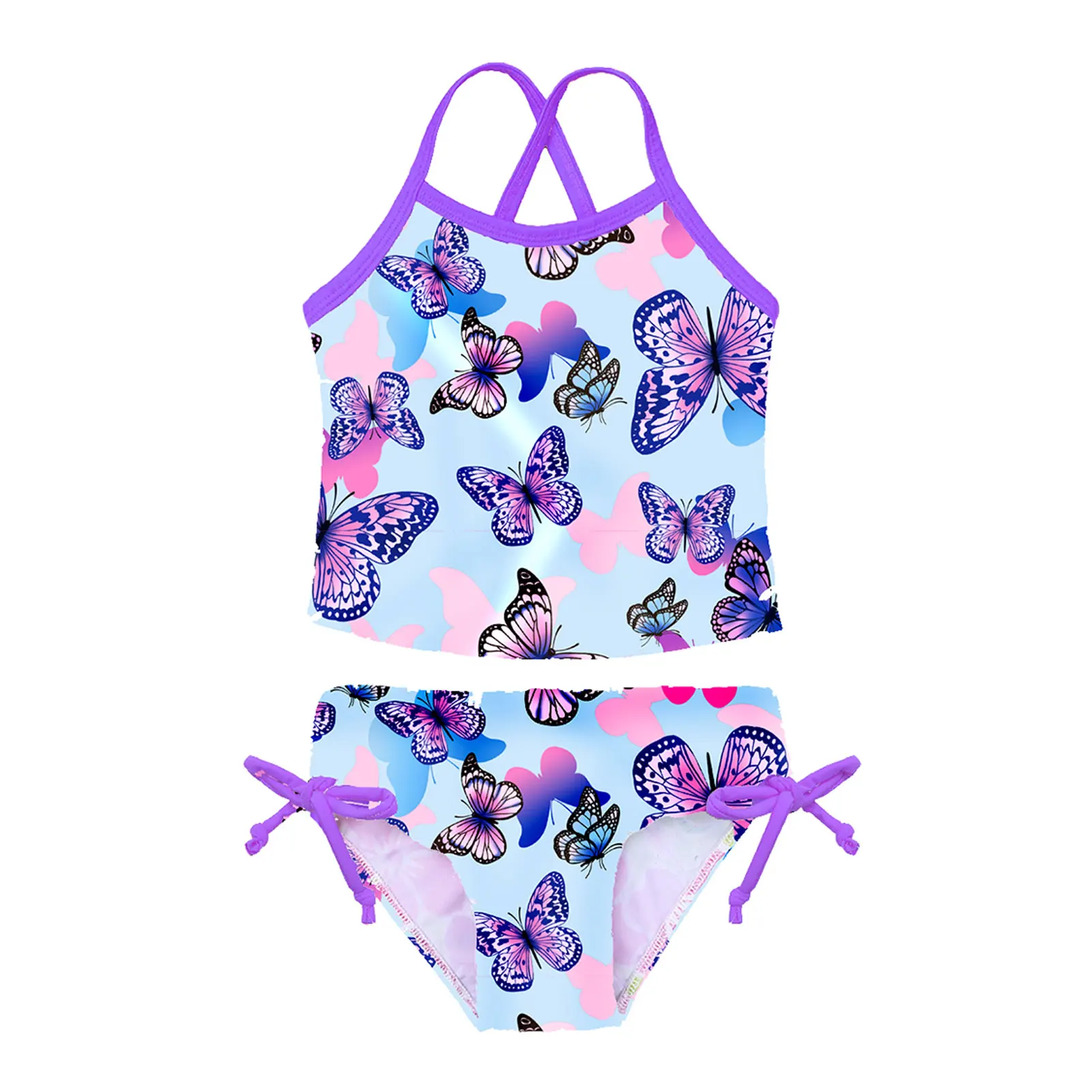 TiaoBug 3 To 14 Years Summer 2Pcs Kid Girls Tankini Floral Printed Swimsuit Swimwear Bathing Suit Tops With Tie Side Bottoms Set