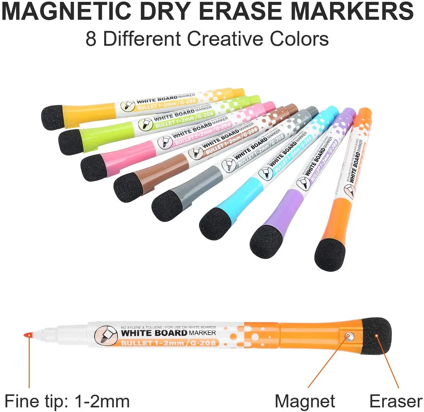 8pcs Magnetic Whiteboard Marker White Board Dry-Erase Marker Fine Nib Pen with Eraser Rubber Magnetic Marker Brush Fridge Magnet